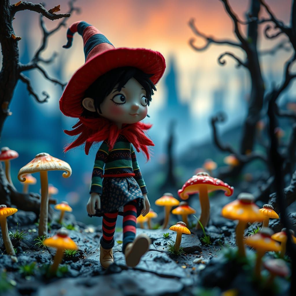 Whimsical Stop Motion Character in Surreal Landscape