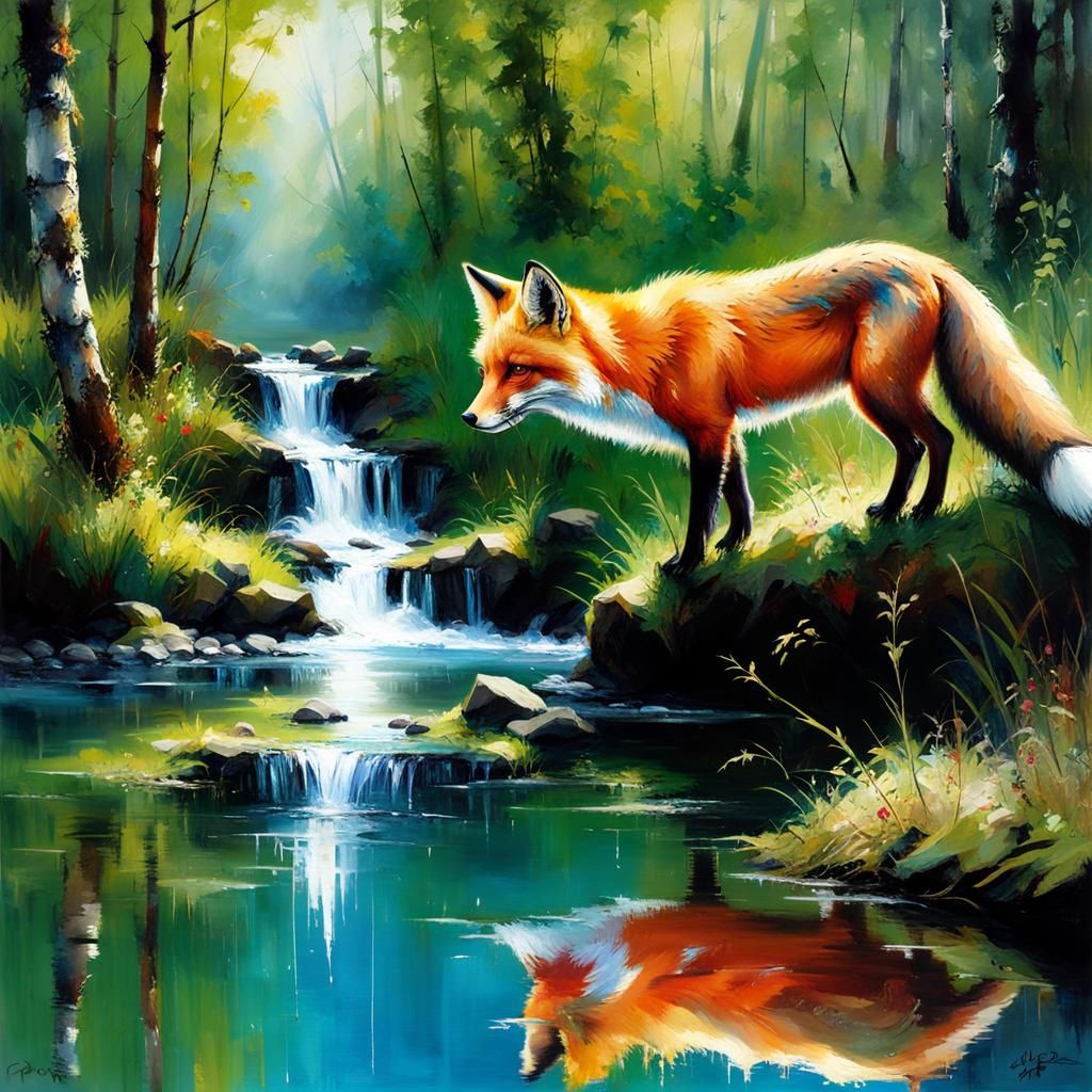 Fox by Creek: Detailed Matte Painting in Oil