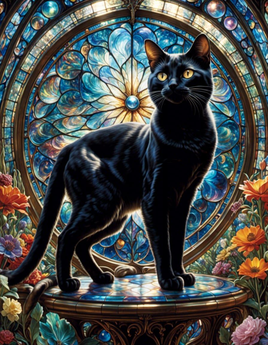 Iridescent Black Cat in Fantasy Style