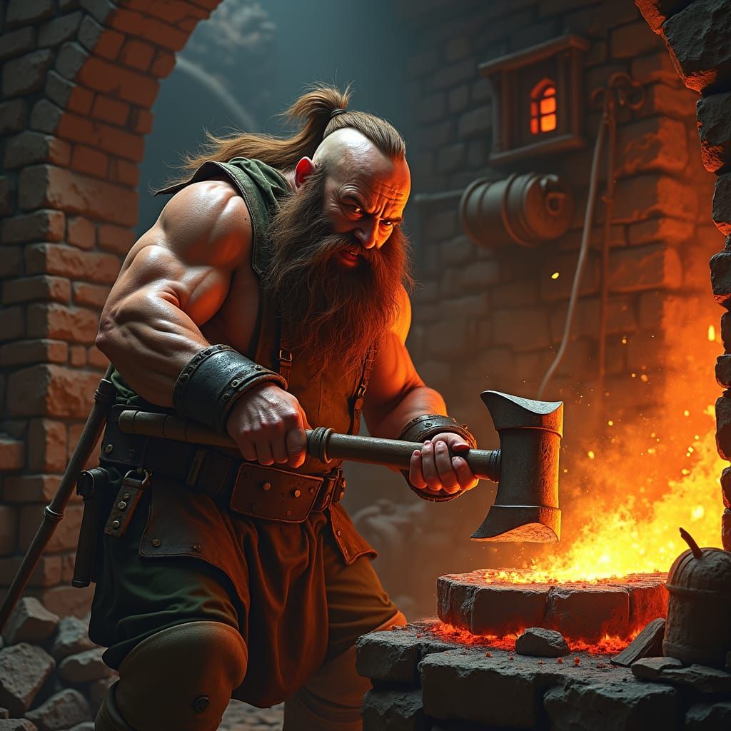 Dwarf Blacksmith in Fiery Forge, Warhammer Art