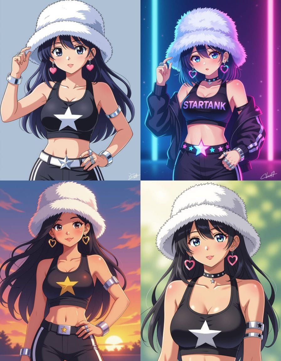 Shy Anime Woman in Fur Bucket Hat and Star Tank Top