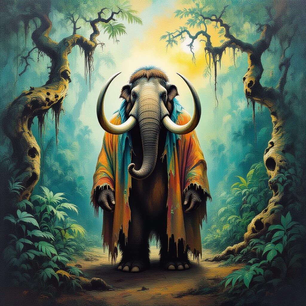 Mammoth in Jungle, Surreal Oil Painting Style