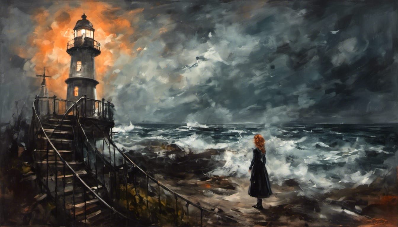Ominous Surrealist Lighthouse Landscape as Oil Painting