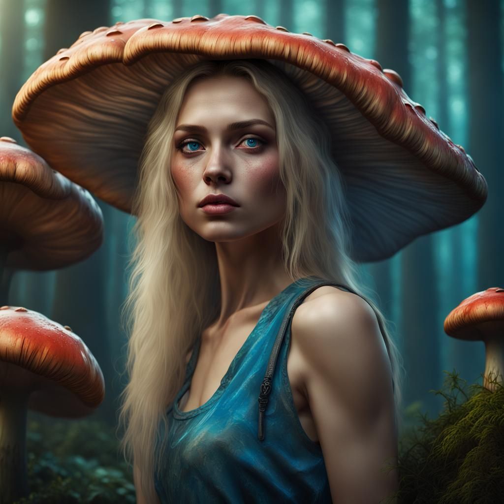 Young woman in a mushroom world