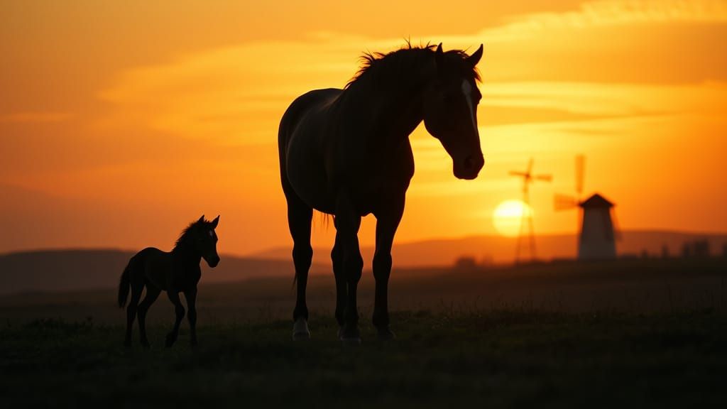 A LA TOMBEE DE LA NUIT UNE SILHOUETTE D'UN CHEVAL et de son ...