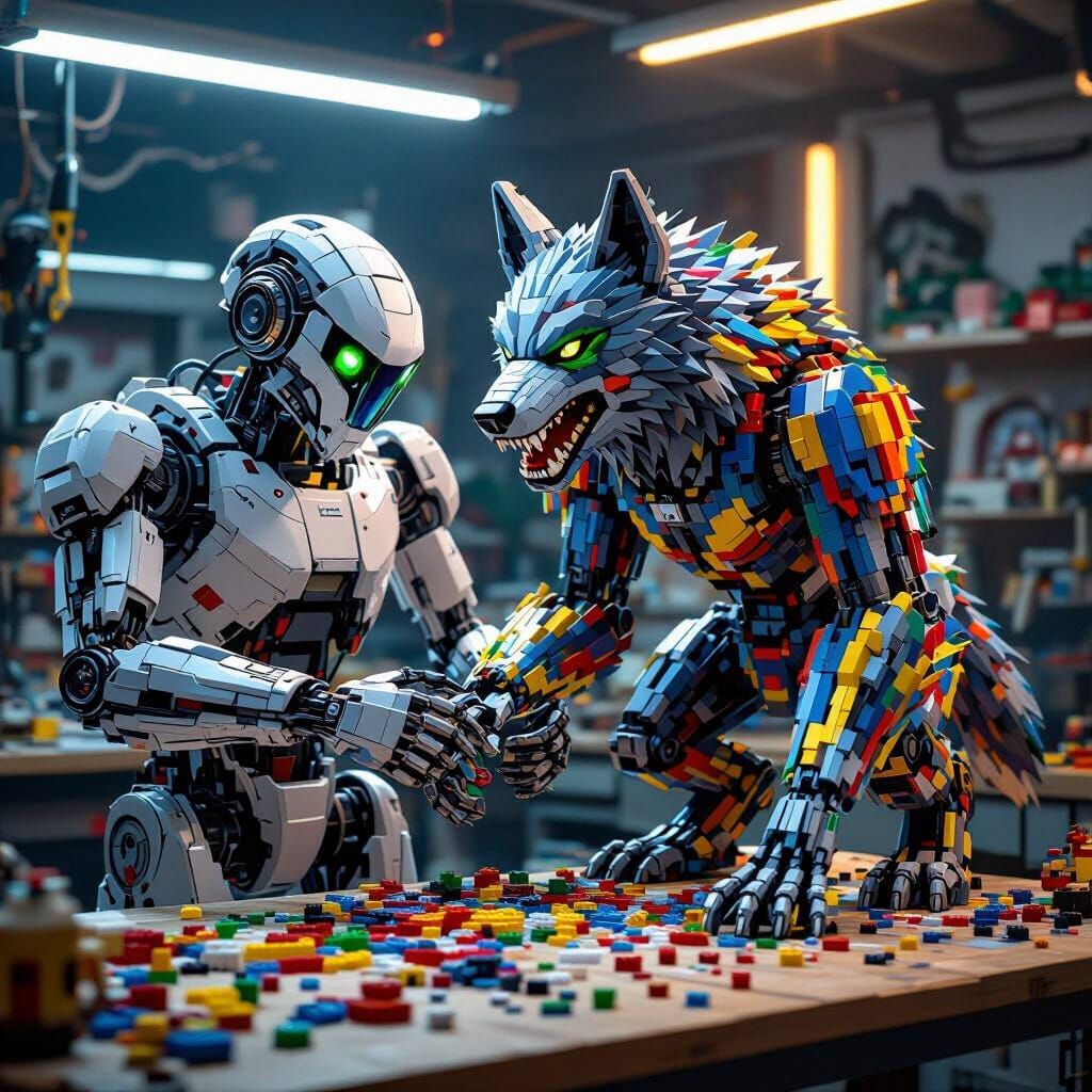 Robot Builds LEGO Werewolf in Hyperrealistic Concept Art