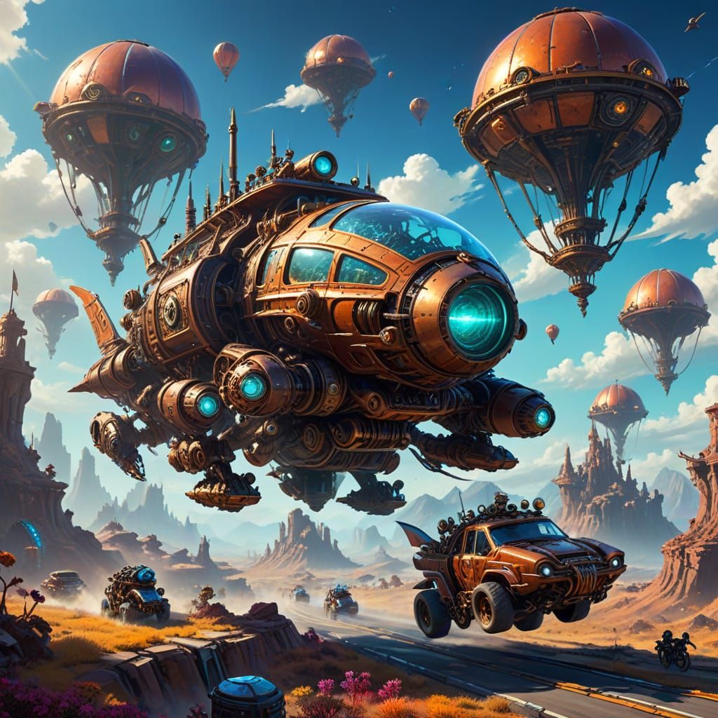 Steampunk Cosmic Race Through Alien Landscape