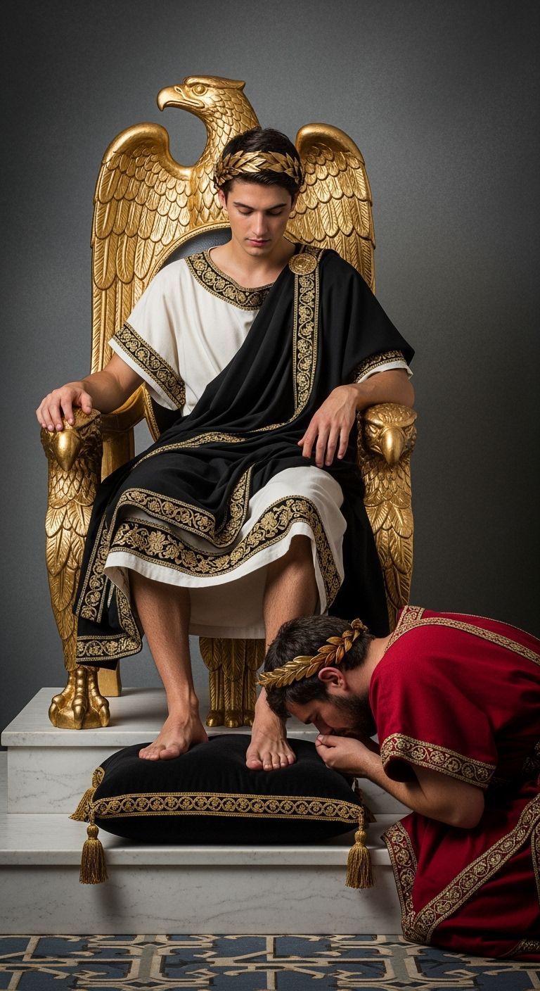 Young Emperor on Eagle Throne with Kneeling Peasant