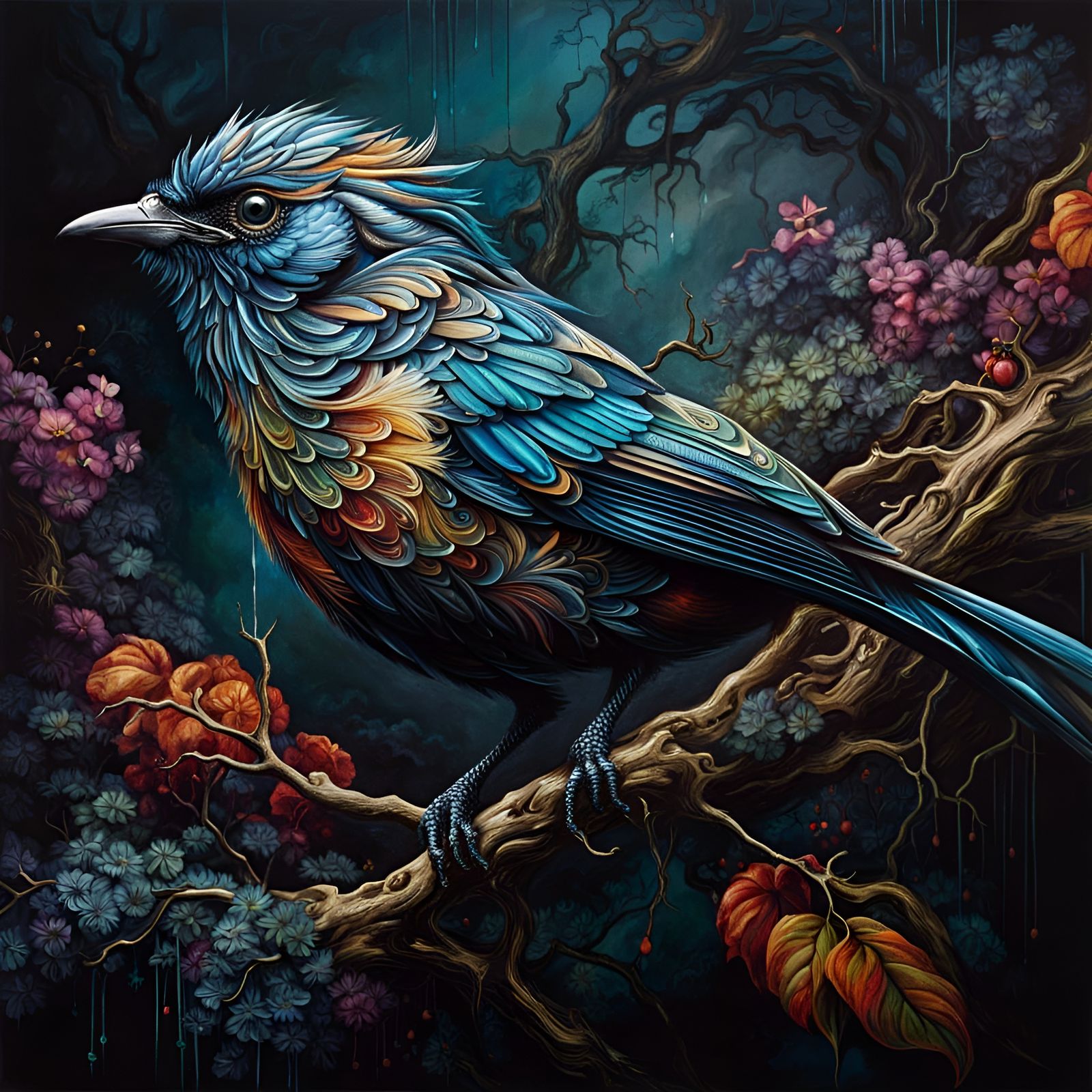 Stylized Bird on Branch with Smoke