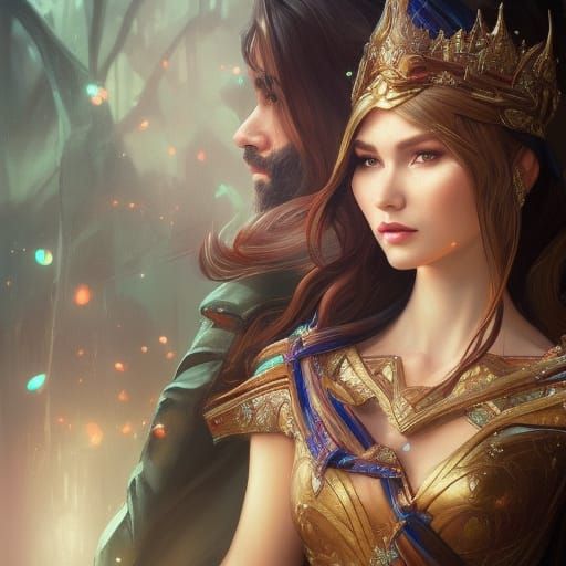 Elf Queen and King Portrait in Hyperdetailed Style