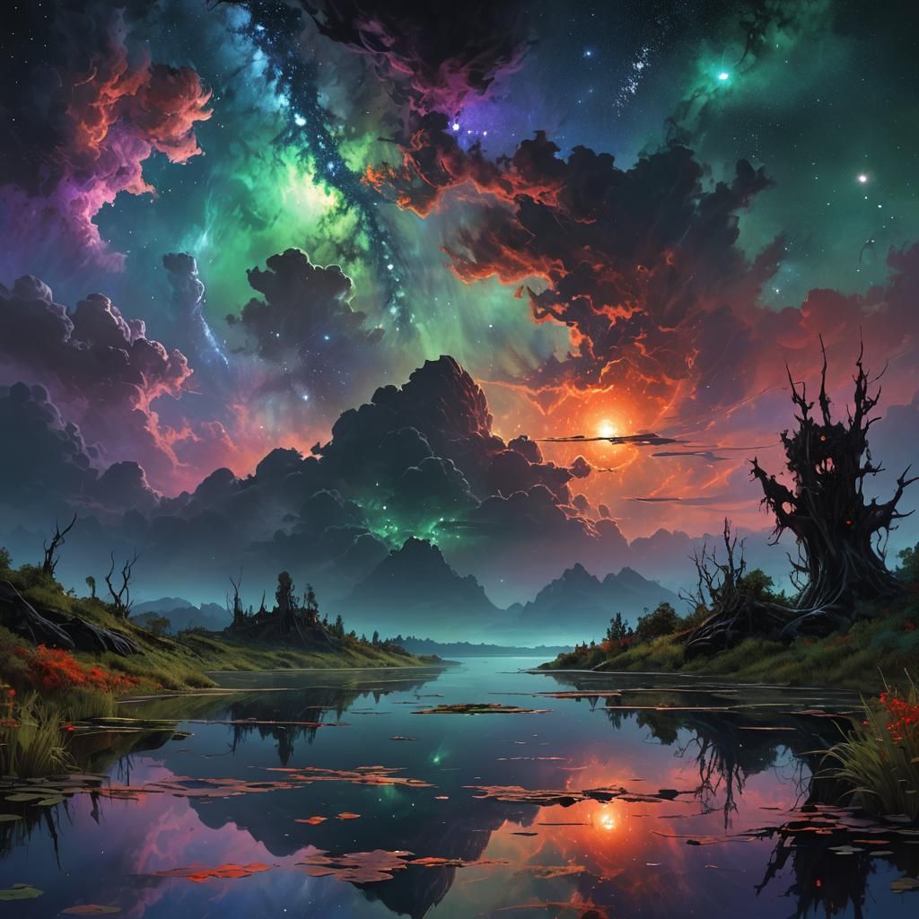 Lake Reflects Galaxy in Night, Eerie Fantasy Art