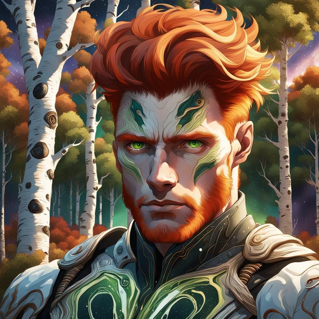 Surreal Sunset: A Ginger Man by Birch Tree