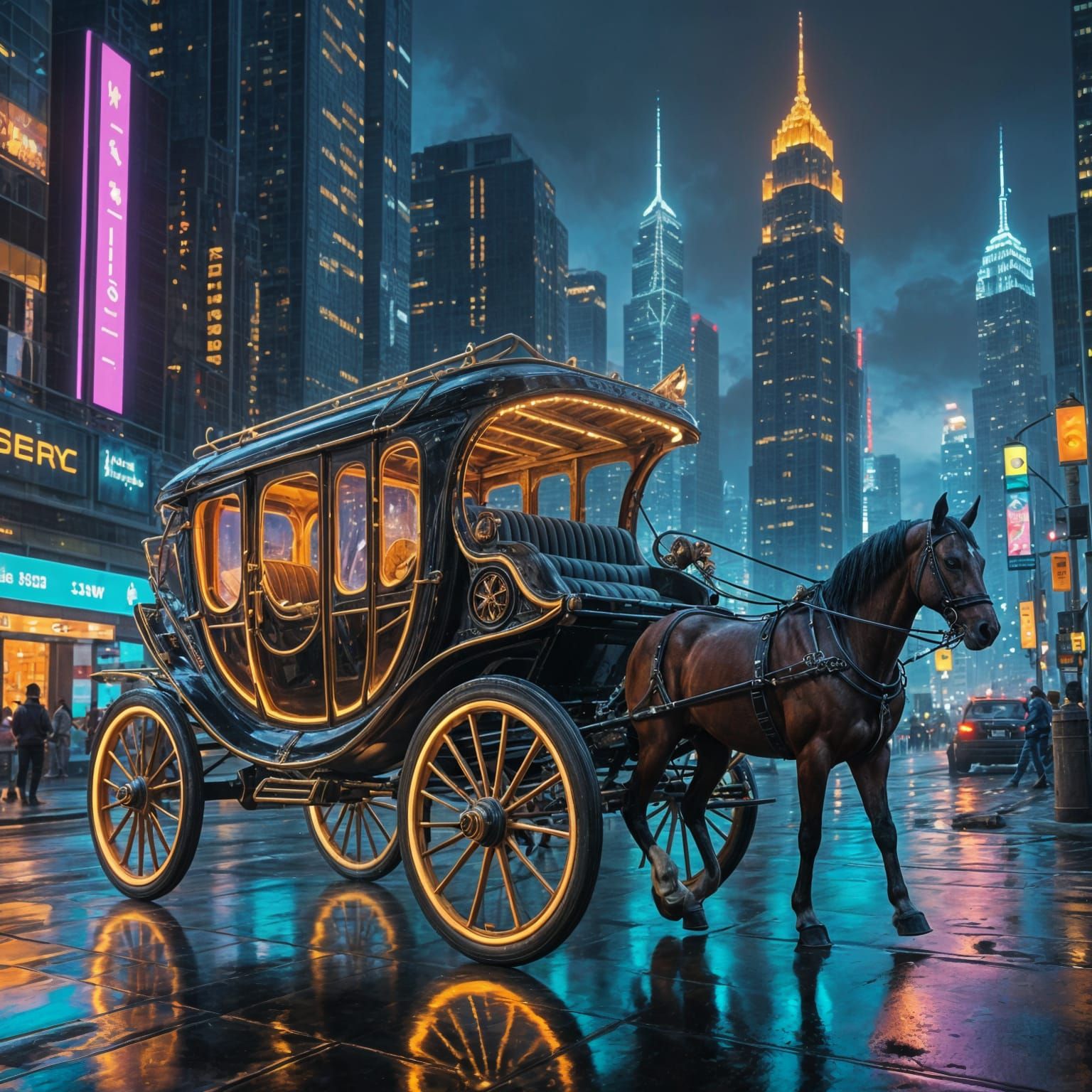 Vintage Horse-Drawn Carriage in Futuristic Setting