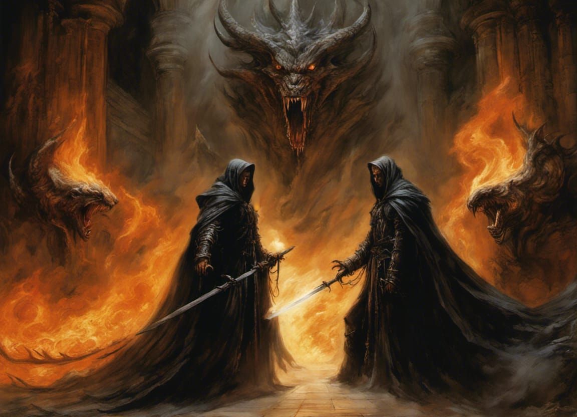 Sorcerers Battle Demon in Dark Fantasy Art Style