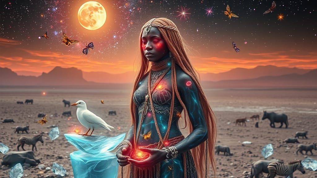 Mystical Shaman with Bioluminescent Core in Cosmic Landscape