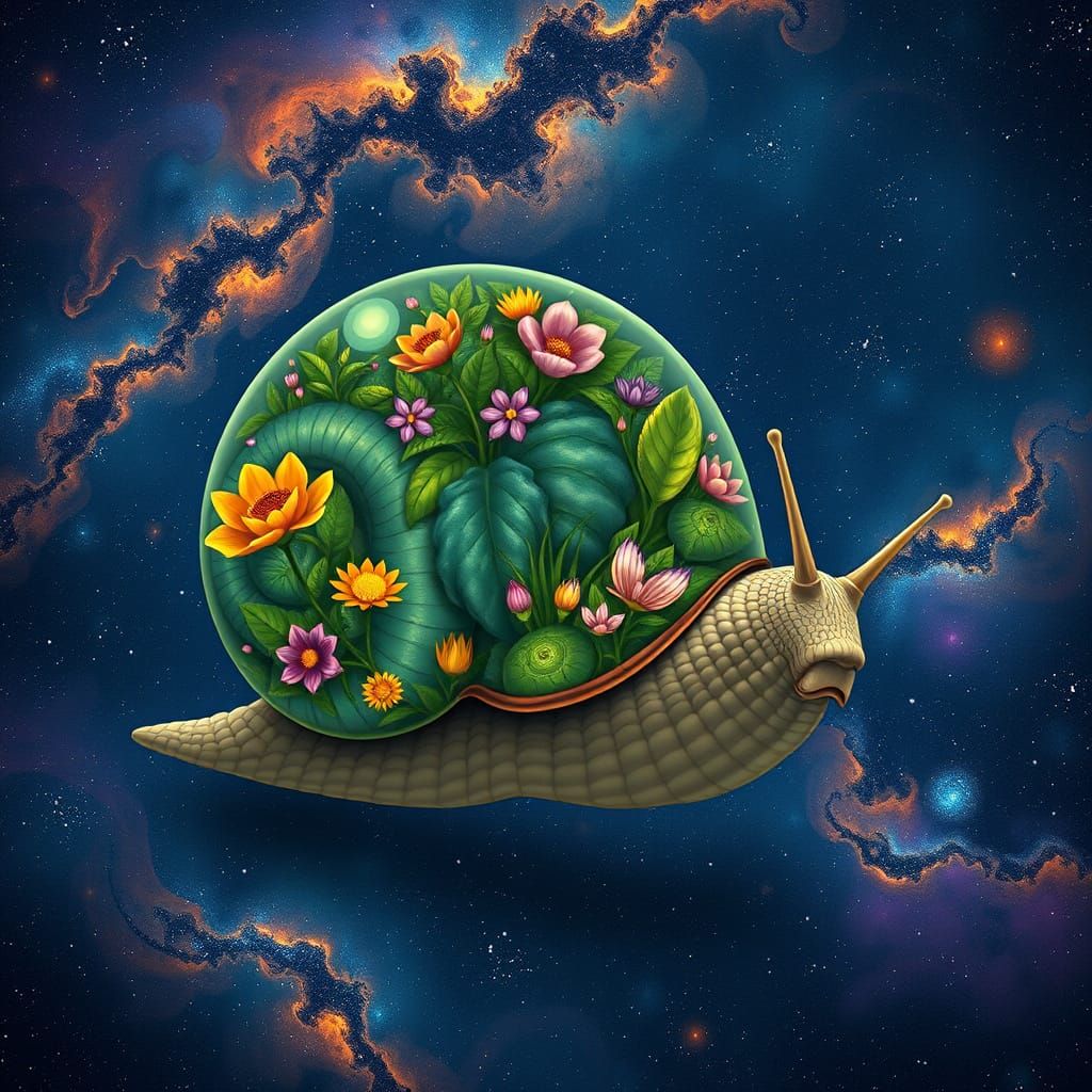 Gigantic Snail Explores Cosmic Galaxy in Whimsical Style