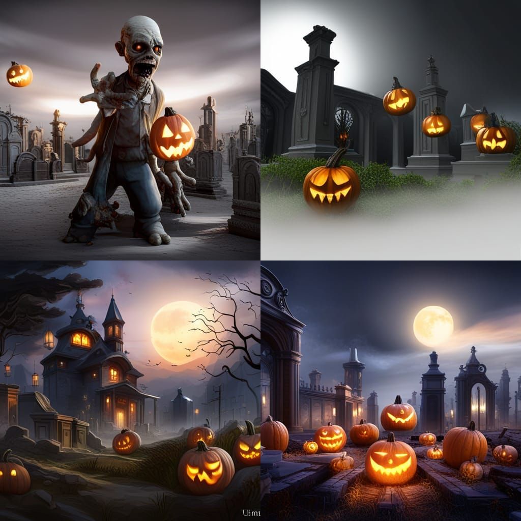 Spooky Halloween Graveyard Scene with Zombie and Jack-o-Lant...