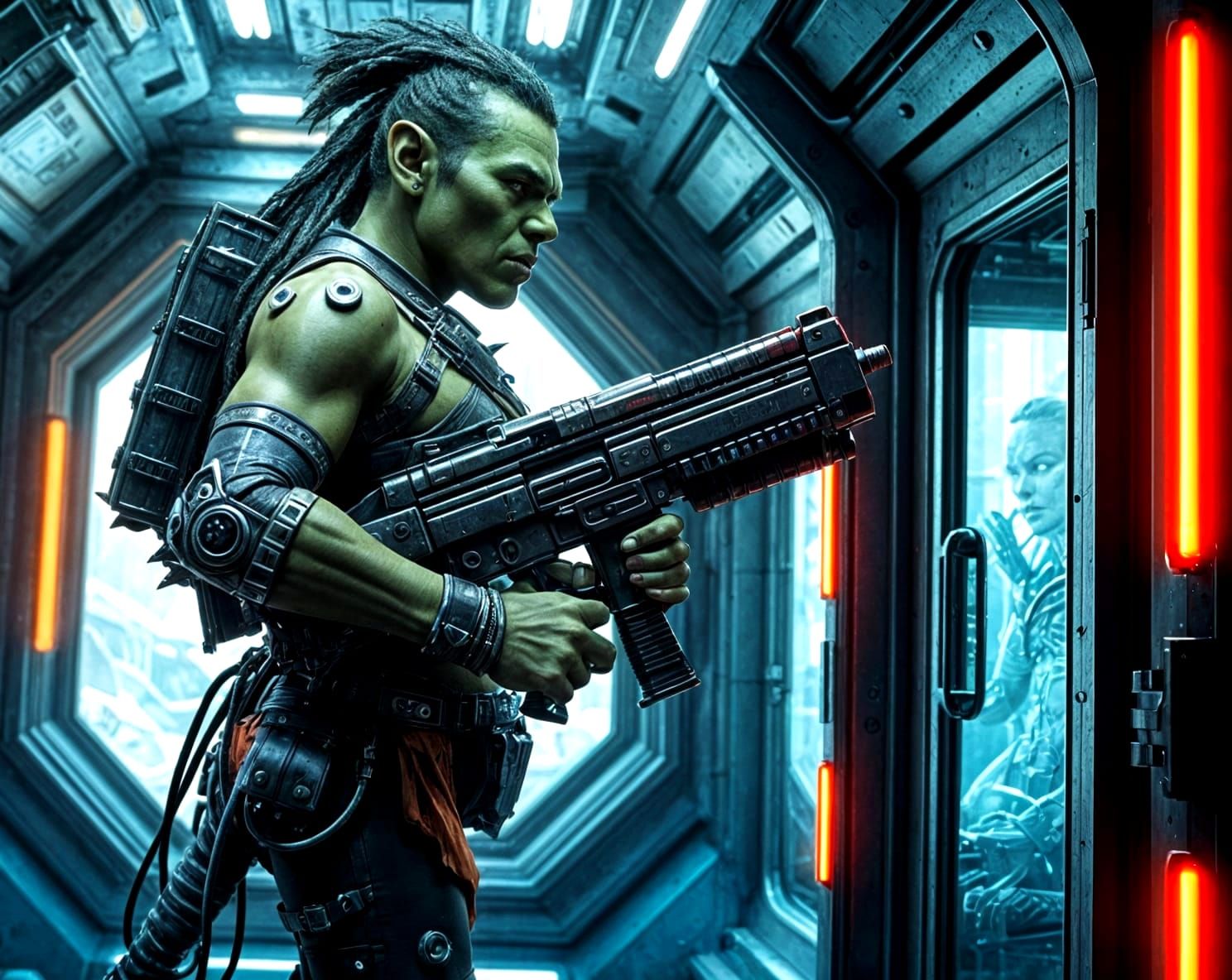 Cyborg Orcess Walks into Futuristic Space Battle