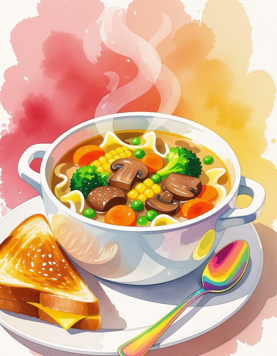 Vibrant Watercolor Beef Stew and Grilled Cheese Art
