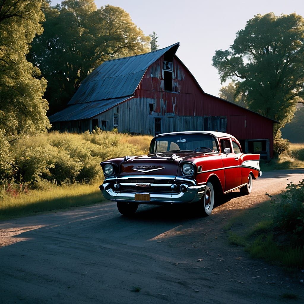 Vintage Dark Cherry Red Chevy in Rolling Farmstead Landscape