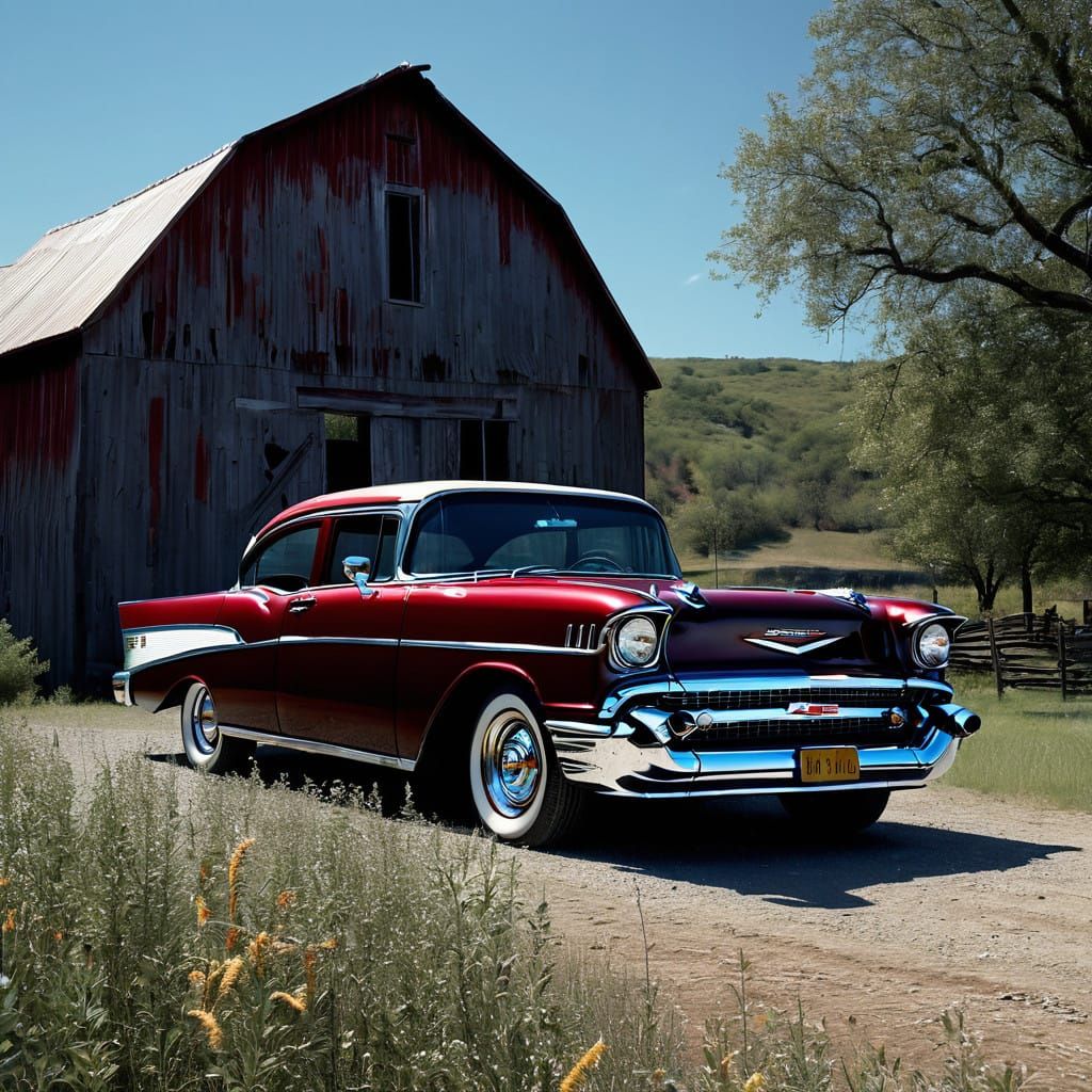 Rustic 1950s American Roadster Amidst Vintage Farmstead