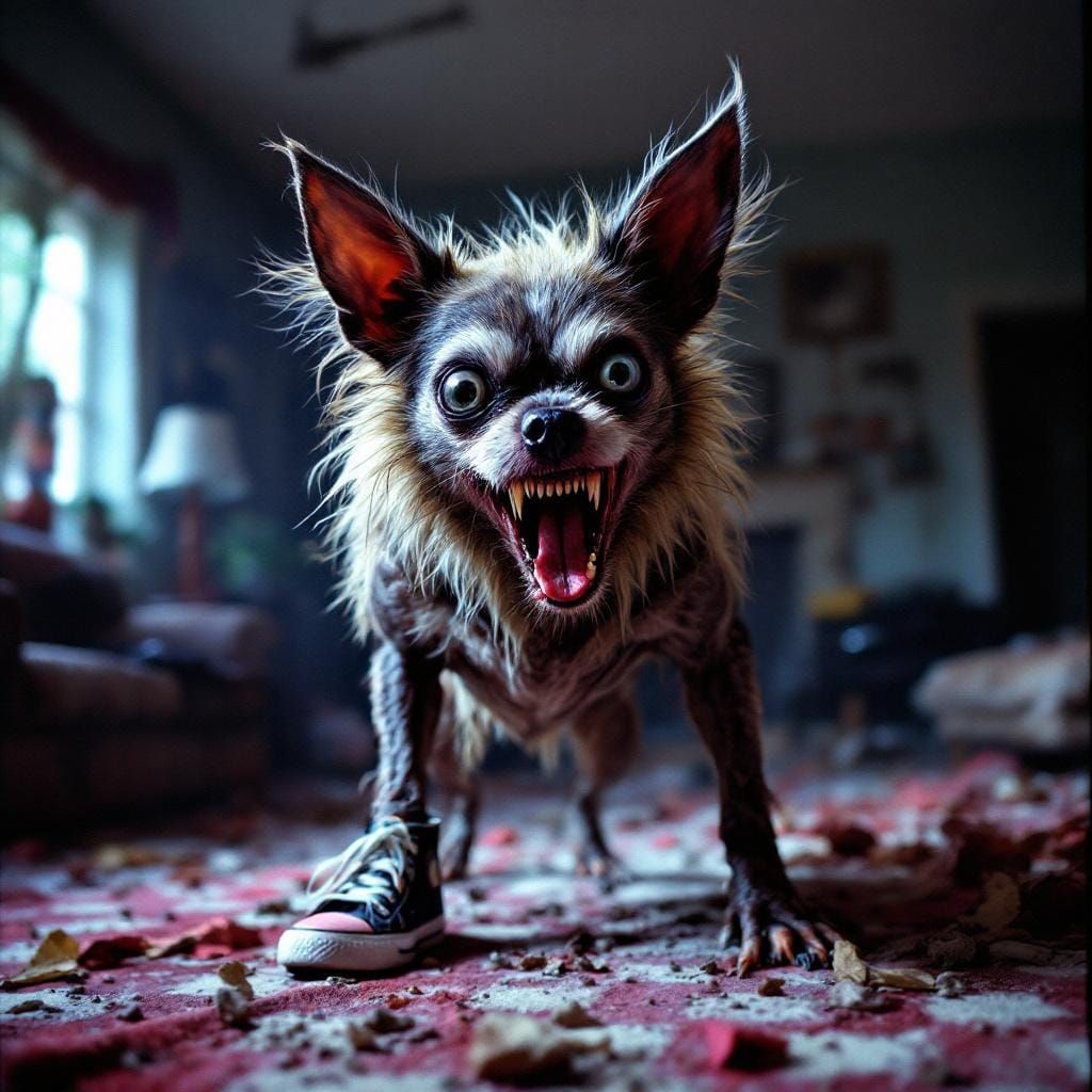Snarling Mutant Chihuahua in Demolished Living Room