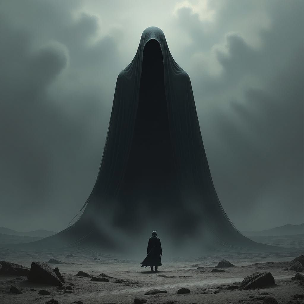 Ominous Figure in Barren Landscape, Surrealist Art