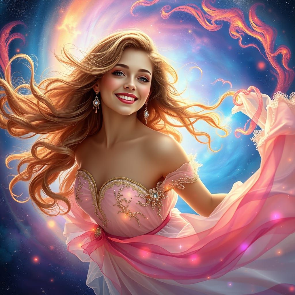 Hyperrealistic Woman in Vibrant Nebula, Shimmering Starlight...