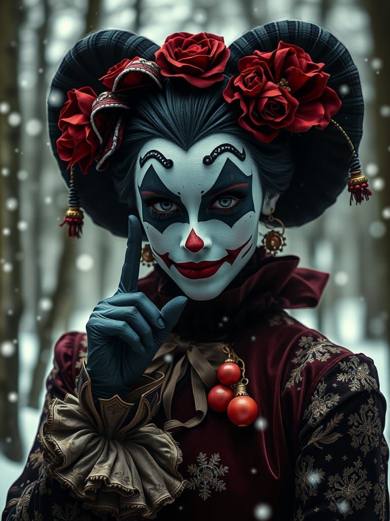 Harlequin Woman in Winter Forest, Styled by Ash Thorp