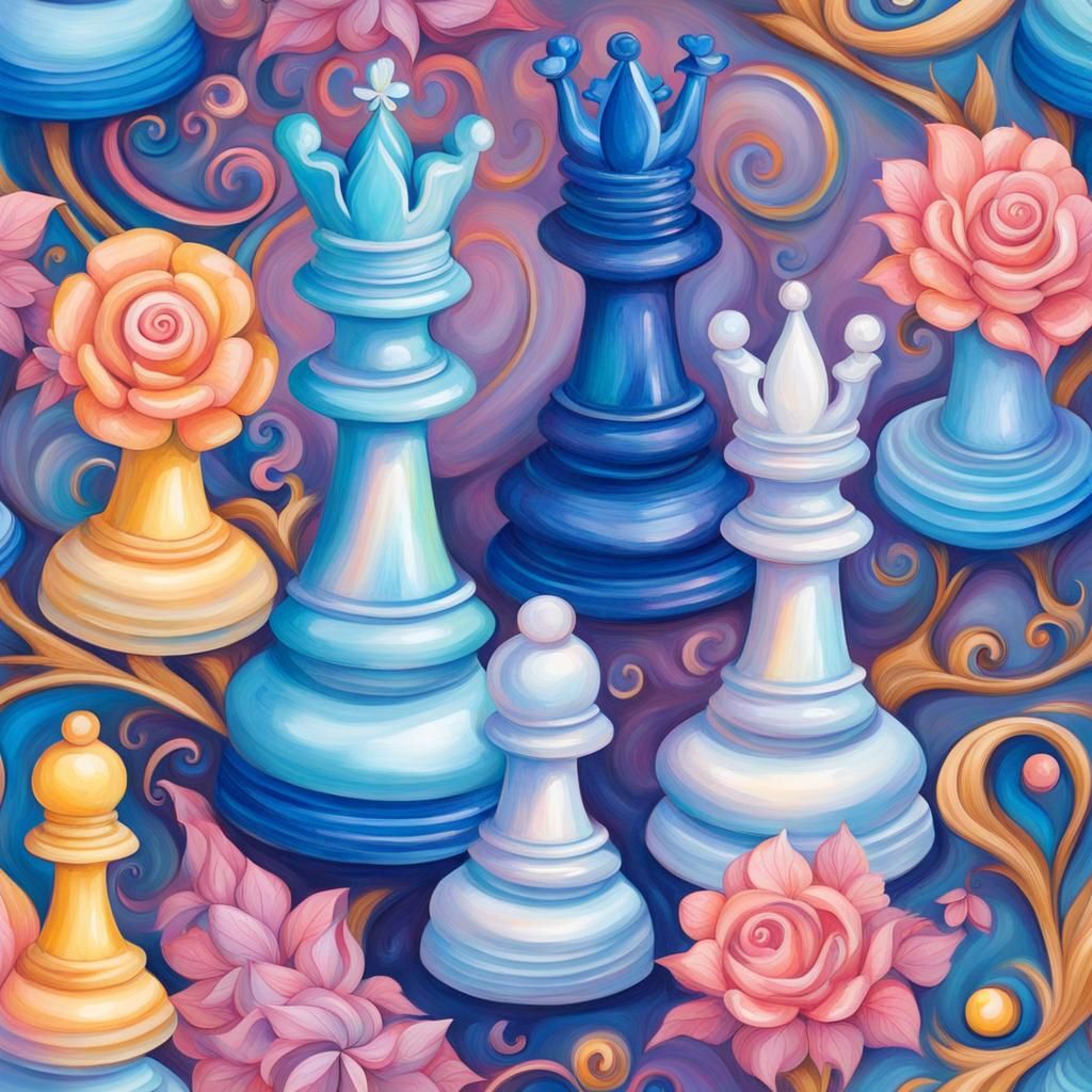 Opal and Sapphire Flower Chess Pieces in Wonderland