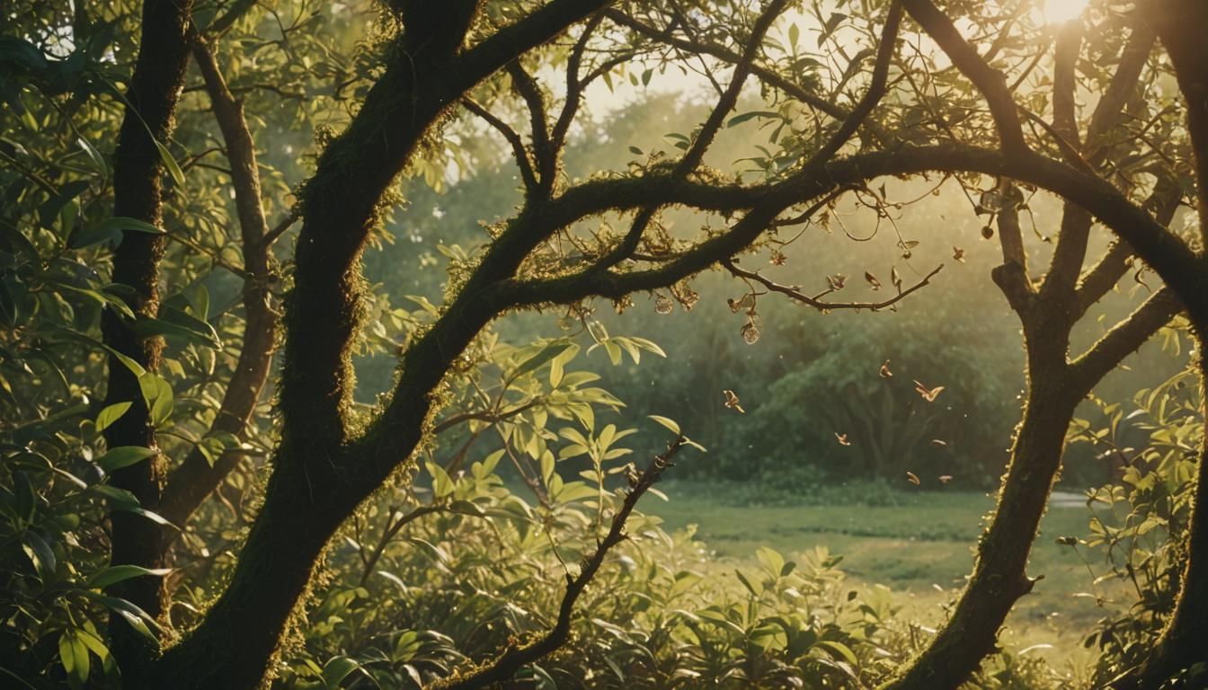 Cinematic Hedge with Birds in Golden Sunlight