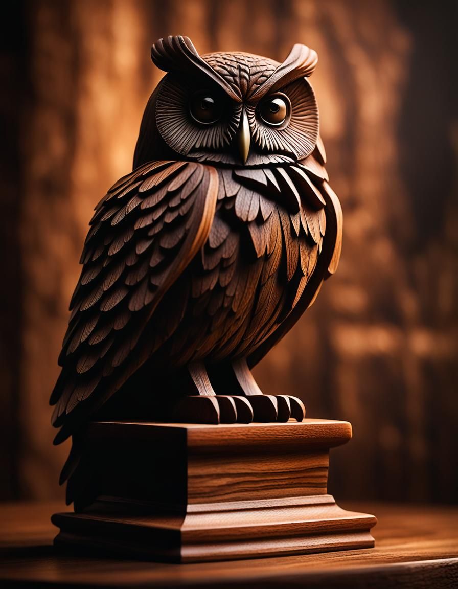 Hyper-Realistic Macro Shot of Minimalist Wood Carved Owl