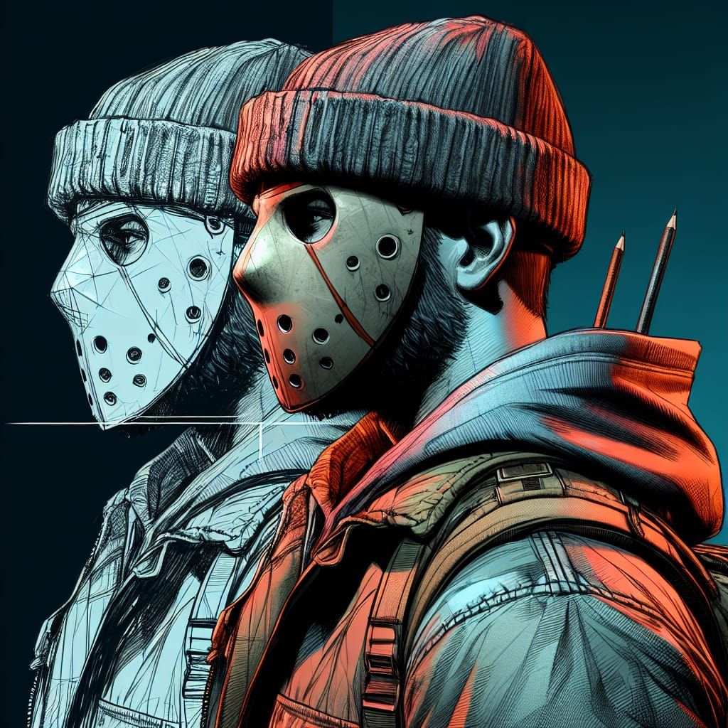 Hyperrealistic Sketch of Hockey Masked Figure