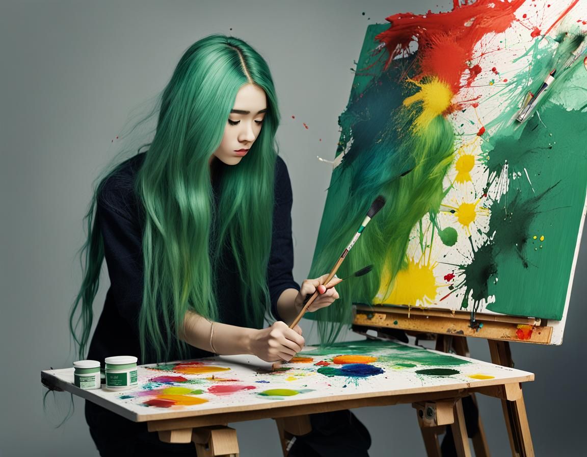 Woman with Green Hair Painting 'Go Pro'