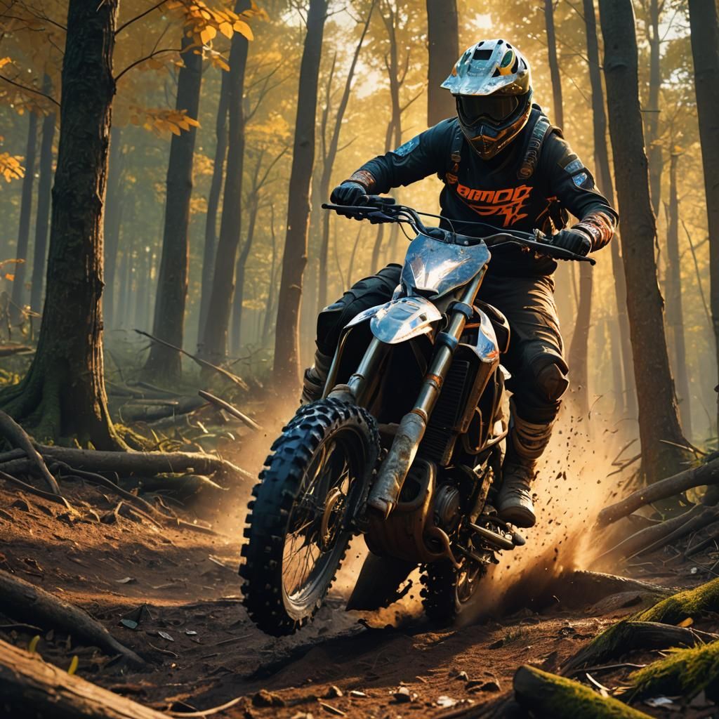Dirt Bike Ripping Through Woods: Fantasy Concept Art