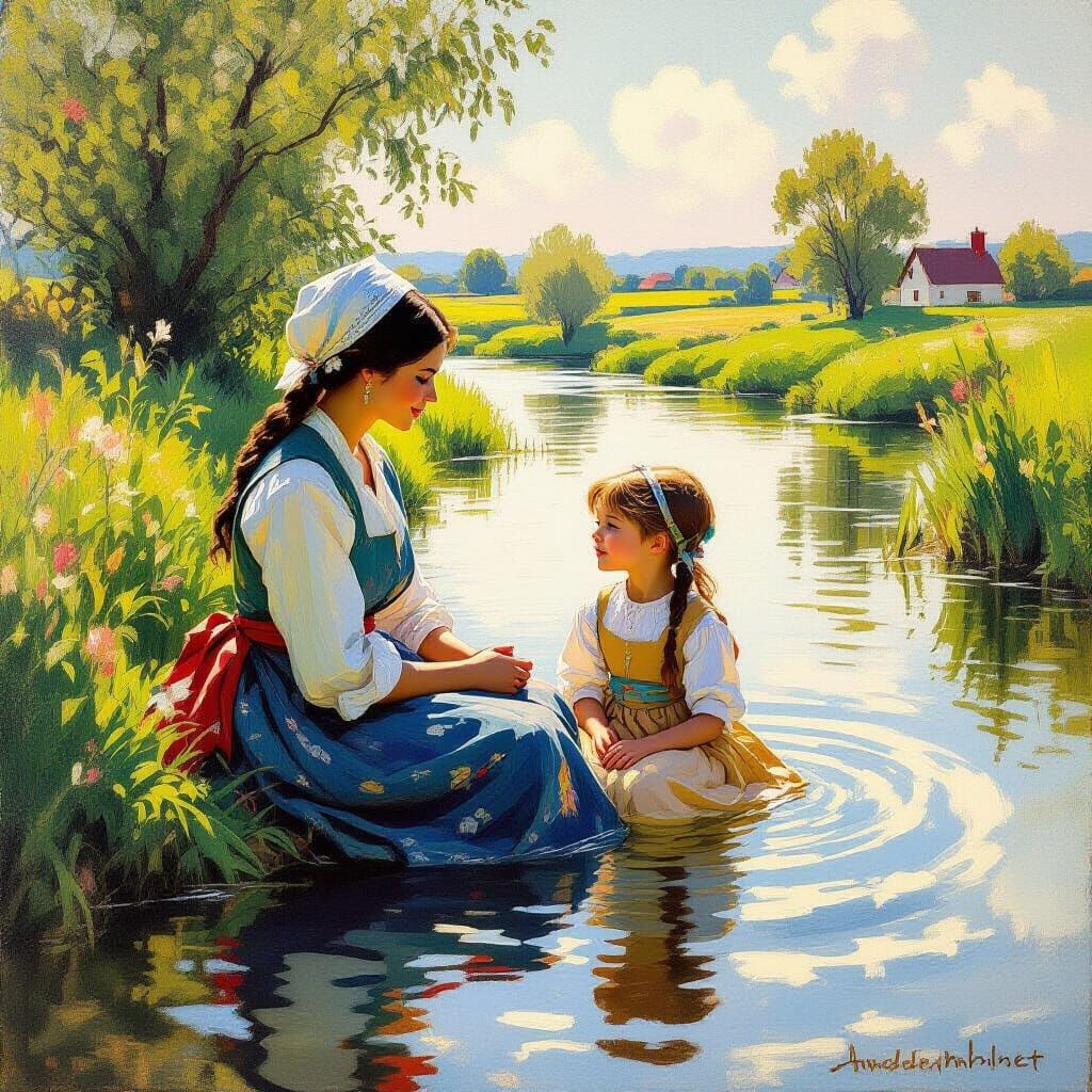 Mother and Daughter in River, Impressionist Style