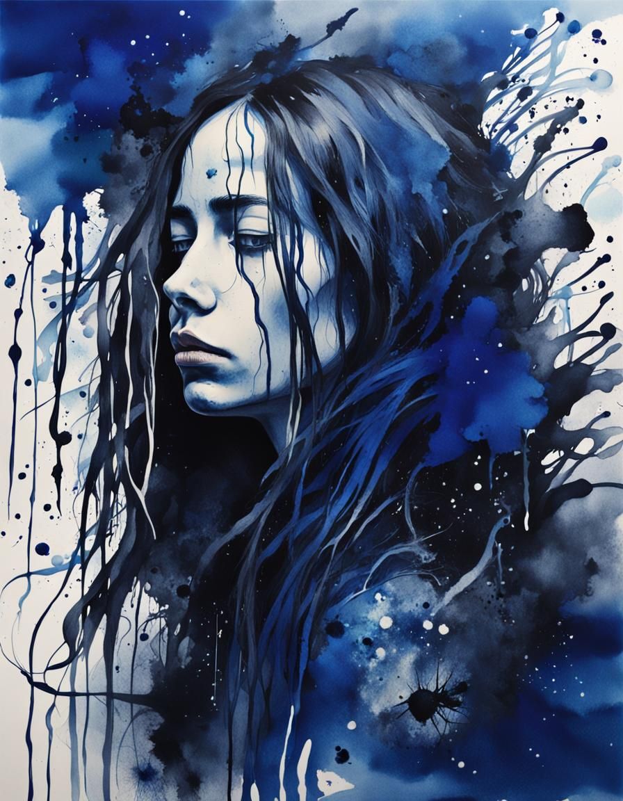 Melancholic Girl Portrait with Ink Splashes, Surrealism