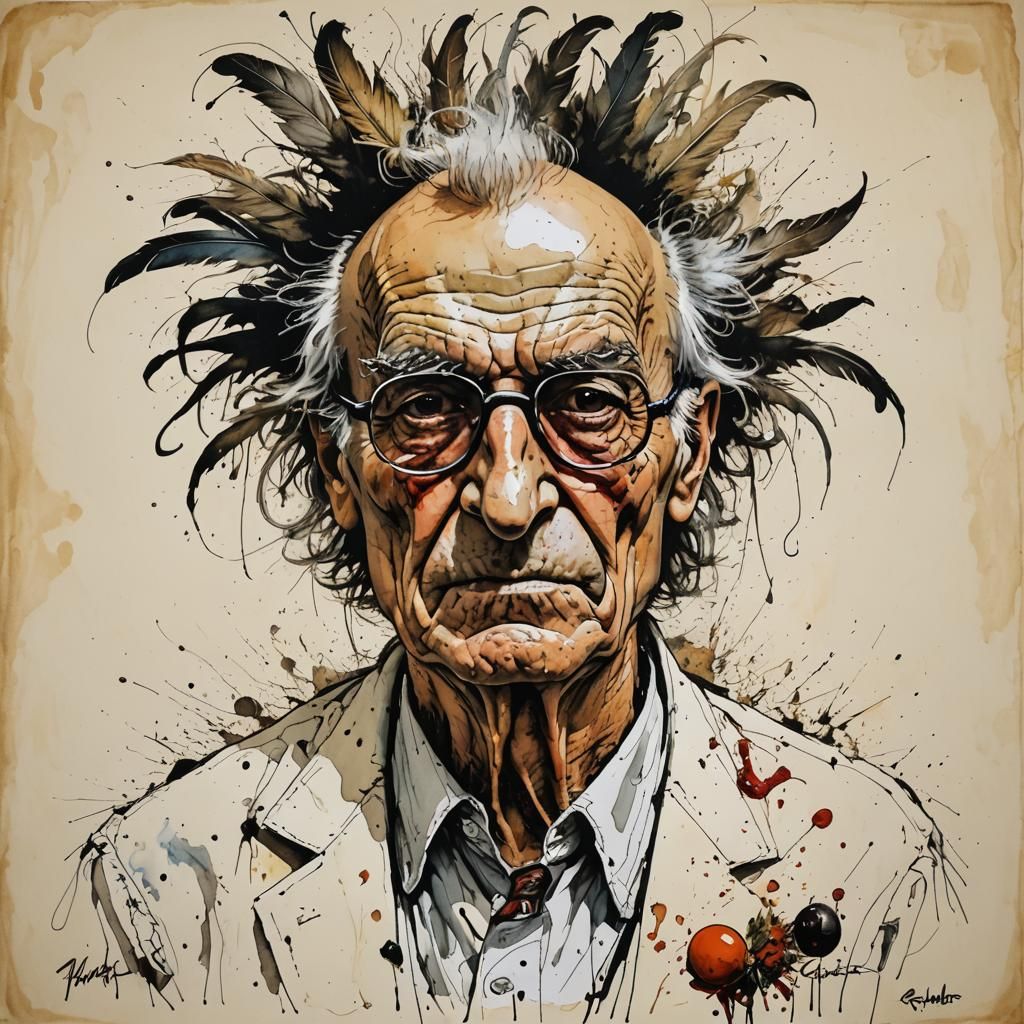 Surreal Chicken-Man Portrait in Ralph Steadman Style