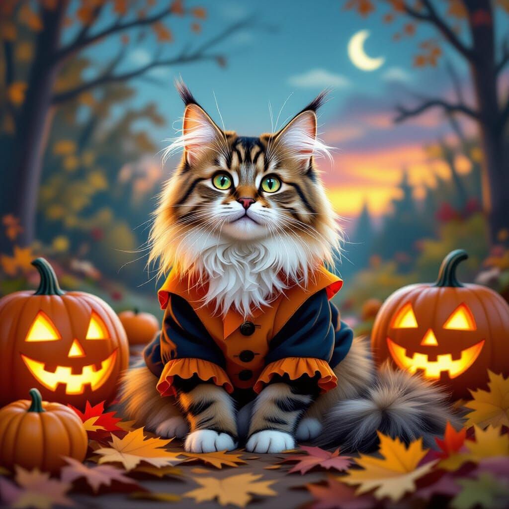 Fluffy Maine Coon Cat in Halloween Costume Among Autumn Leav...