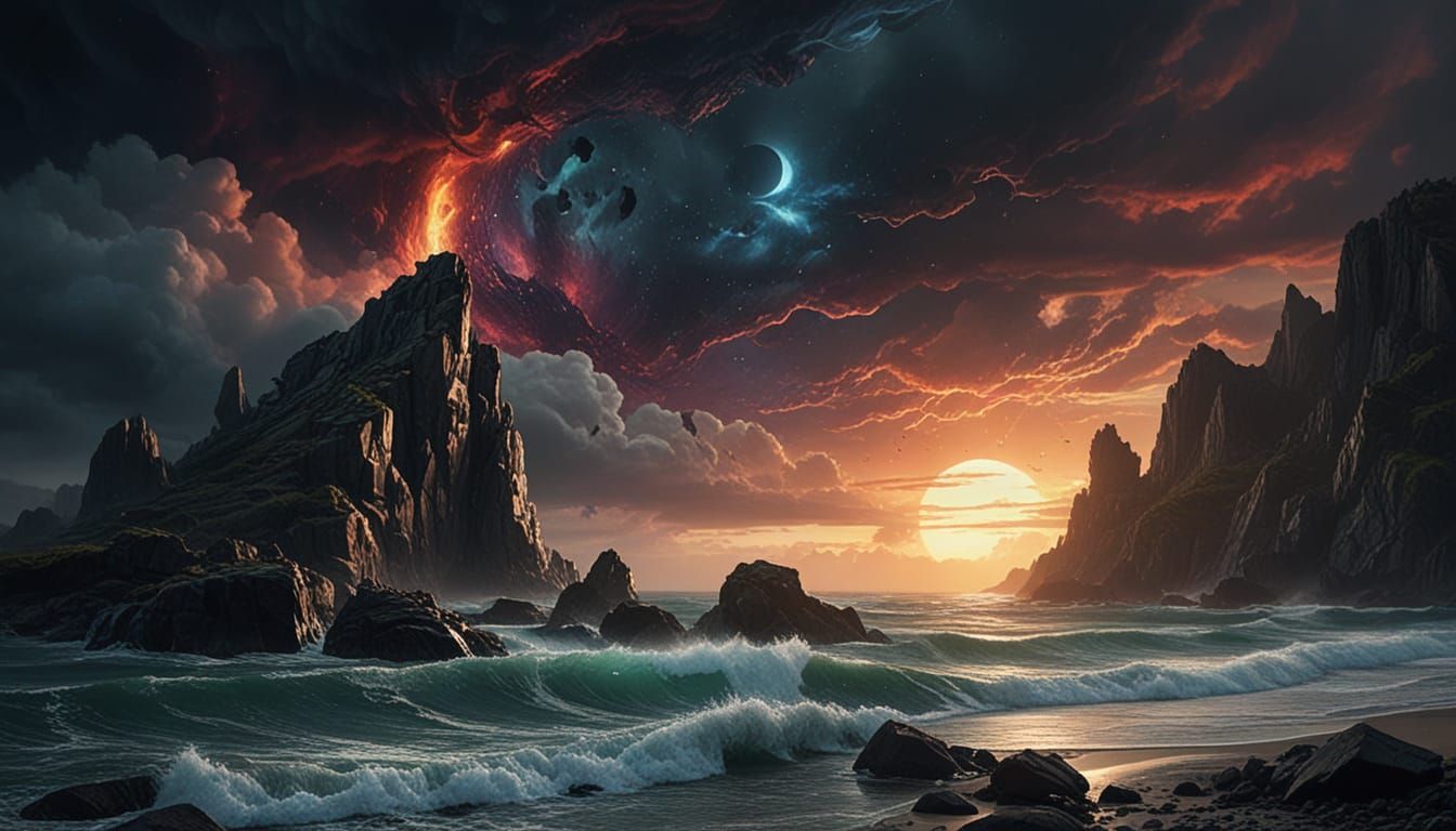 Cosmic Storm of Elemental Forces in Surreal Watercolor Style