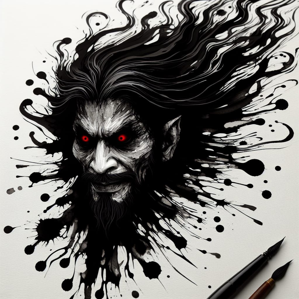 Eerie Halloween Ink Portrait Emerging from Paper