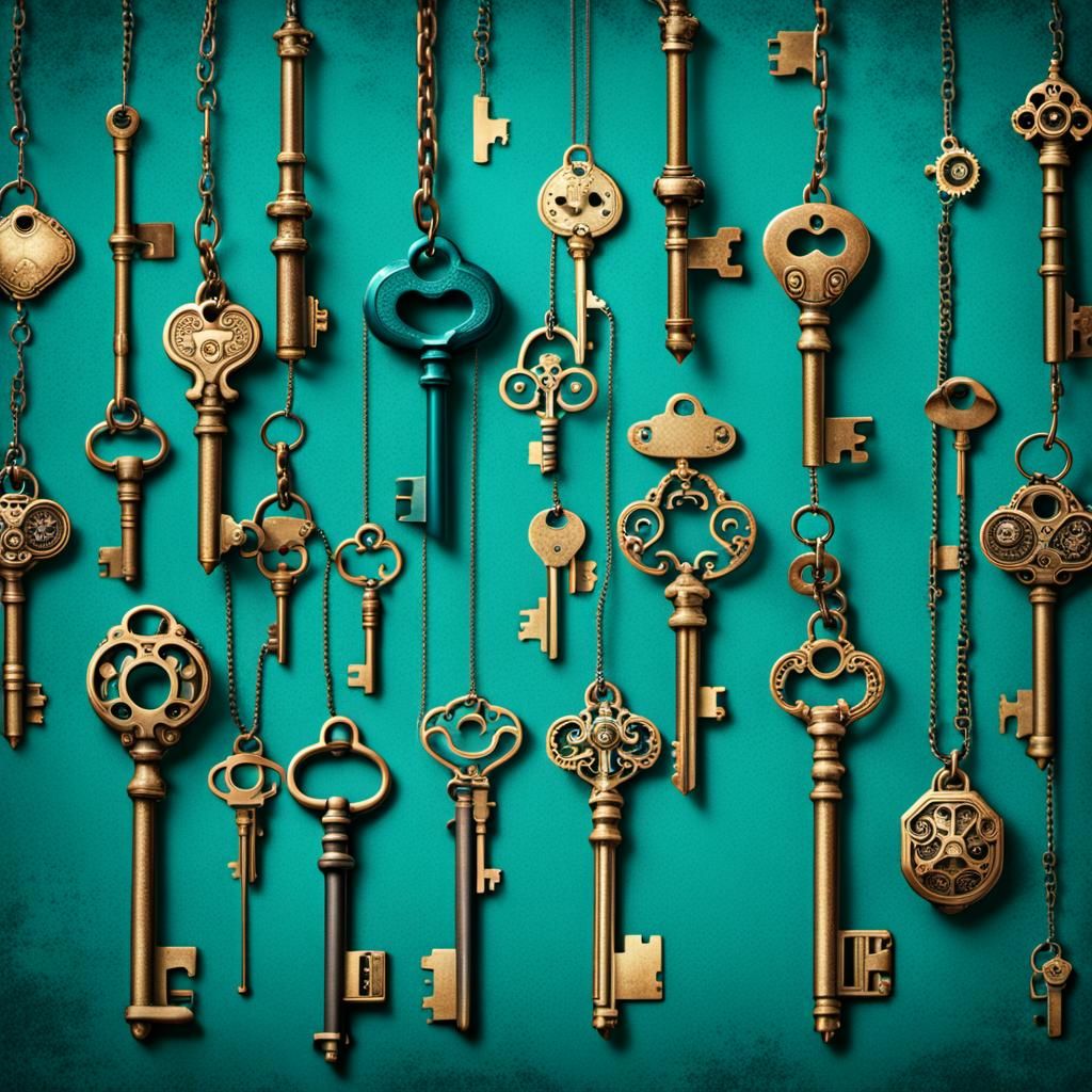 Steampunk Keys on Chain with Teal Background