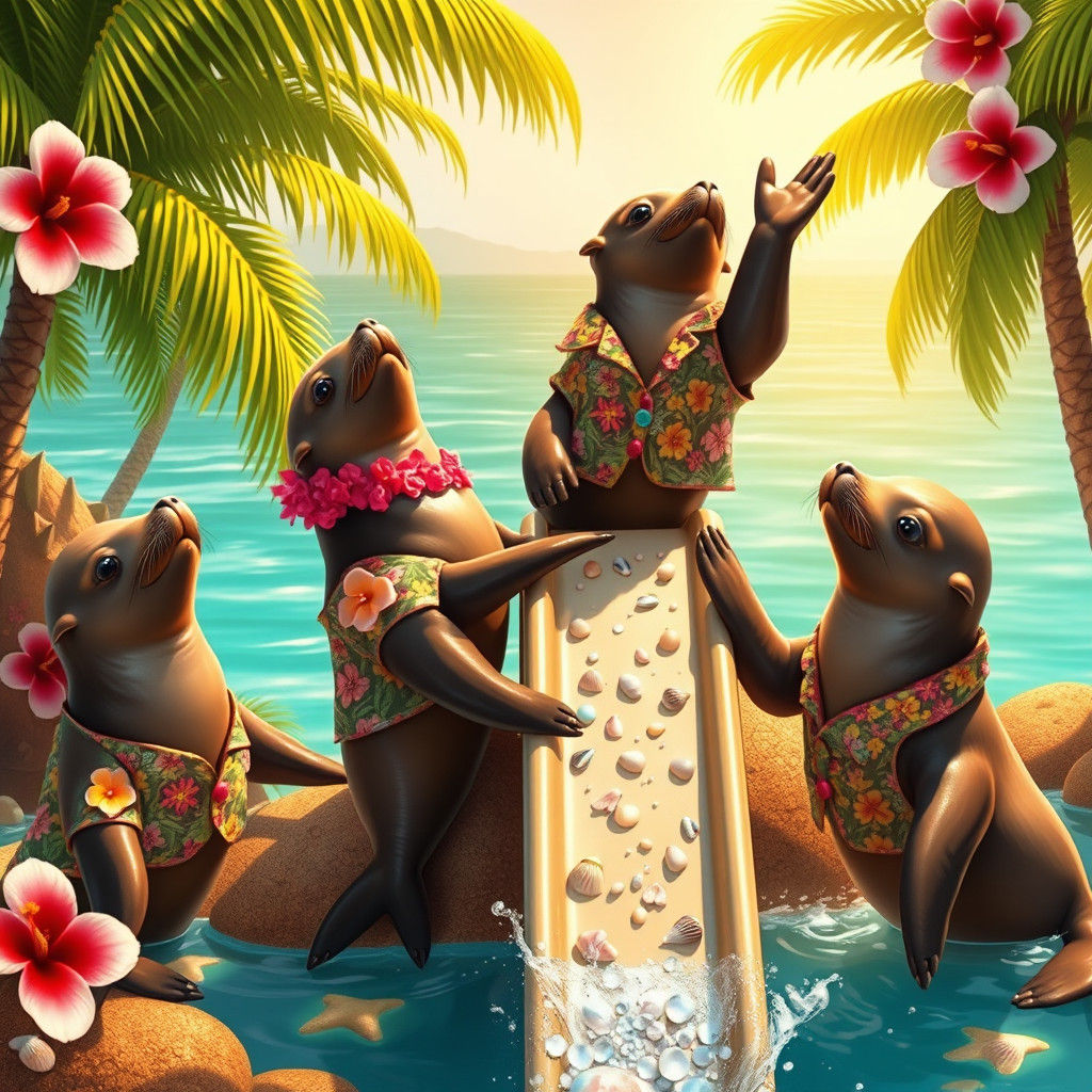 Sea Lions' Tropical Paradise: A Whimsical Scene