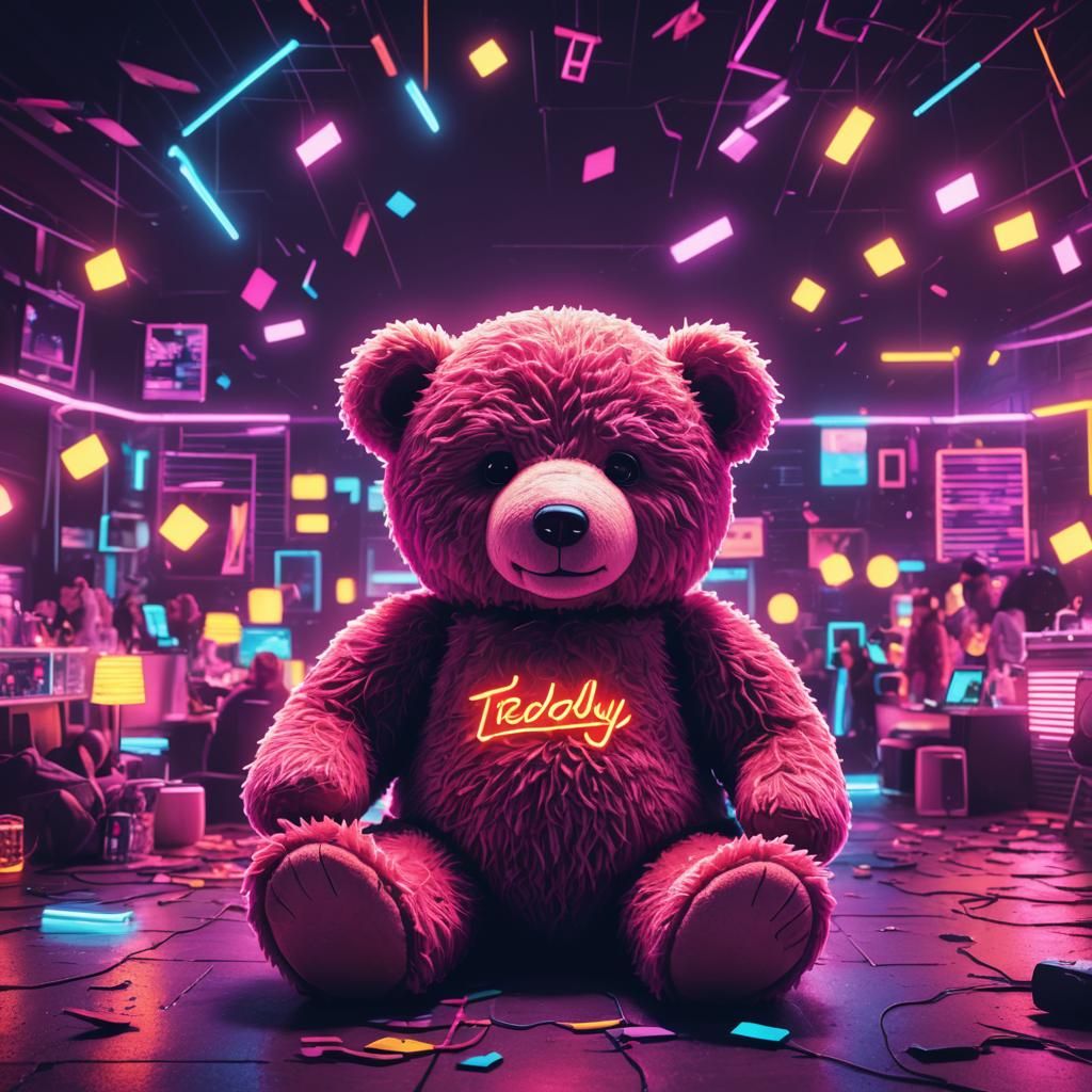 Teddy Bear at Synthwave Neon Party