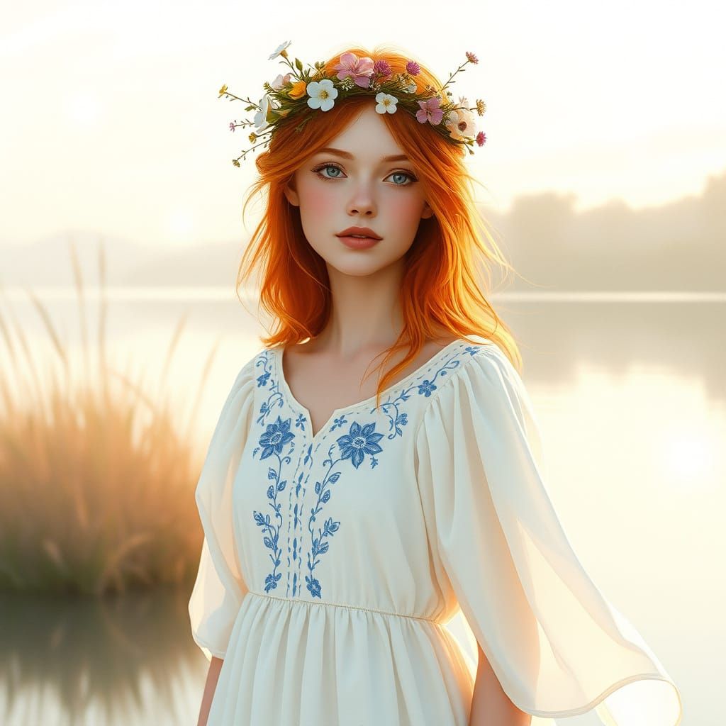 Woman with Wildflower Crown by Lake, Watercolor Style