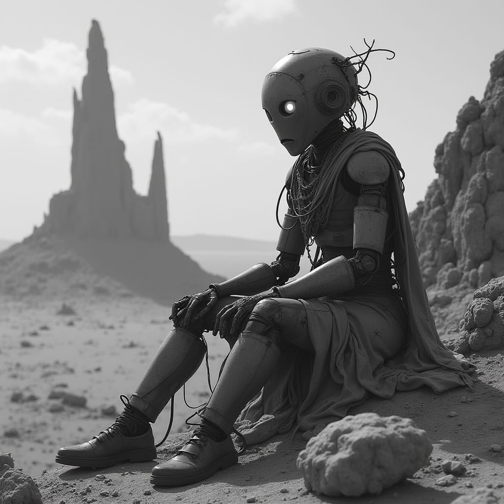 Robot Philosopher on Alien Mesa in Black and White