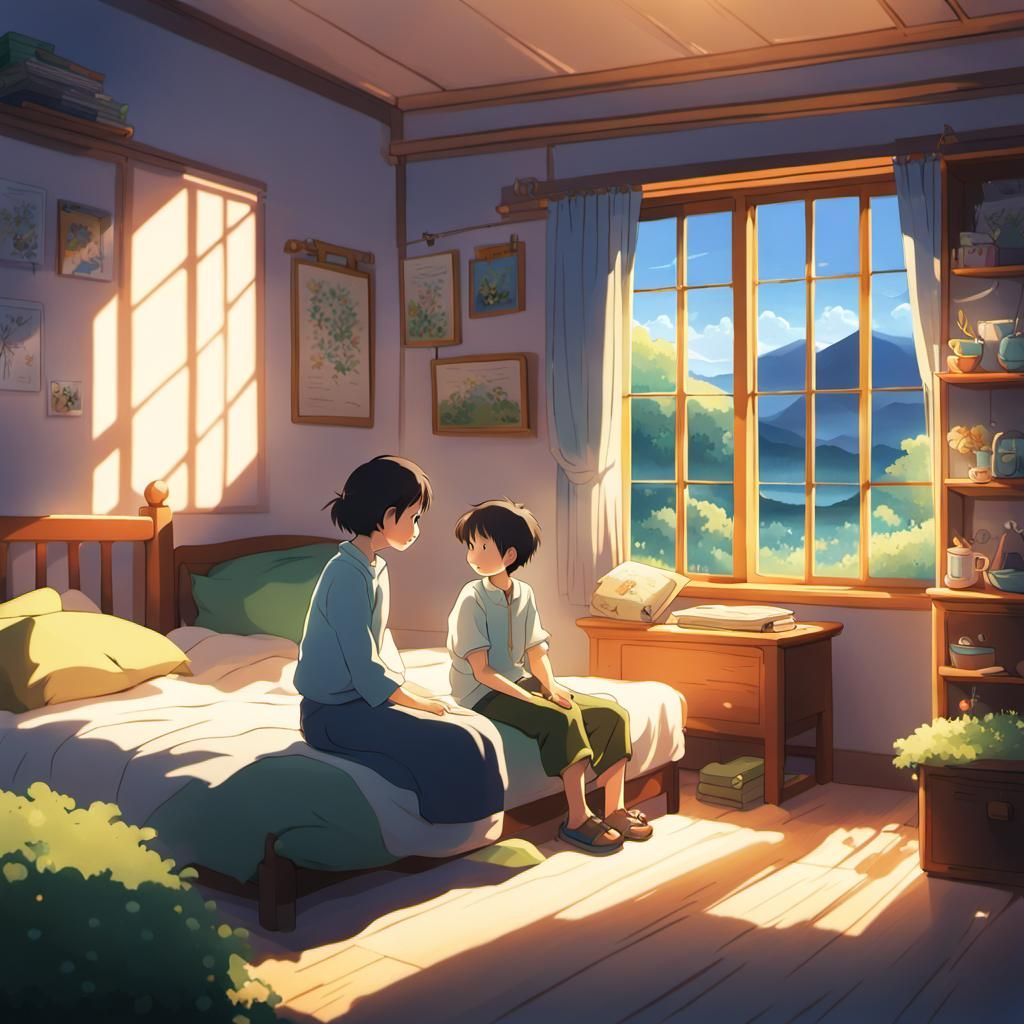 Mother and Son in Nursery, Ghibli Style
