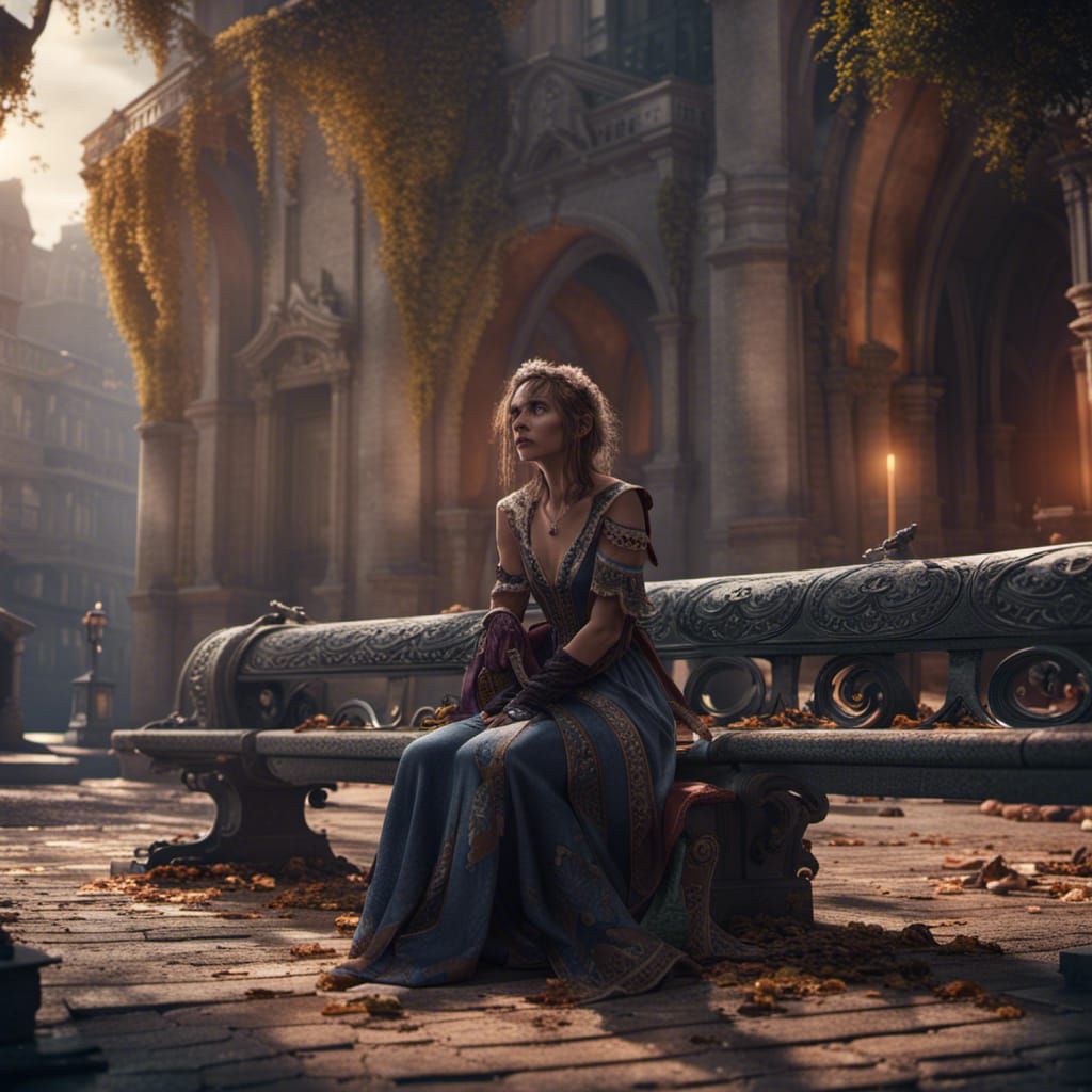 Sad Woman on Park Bench in Detailed Matte Painting
