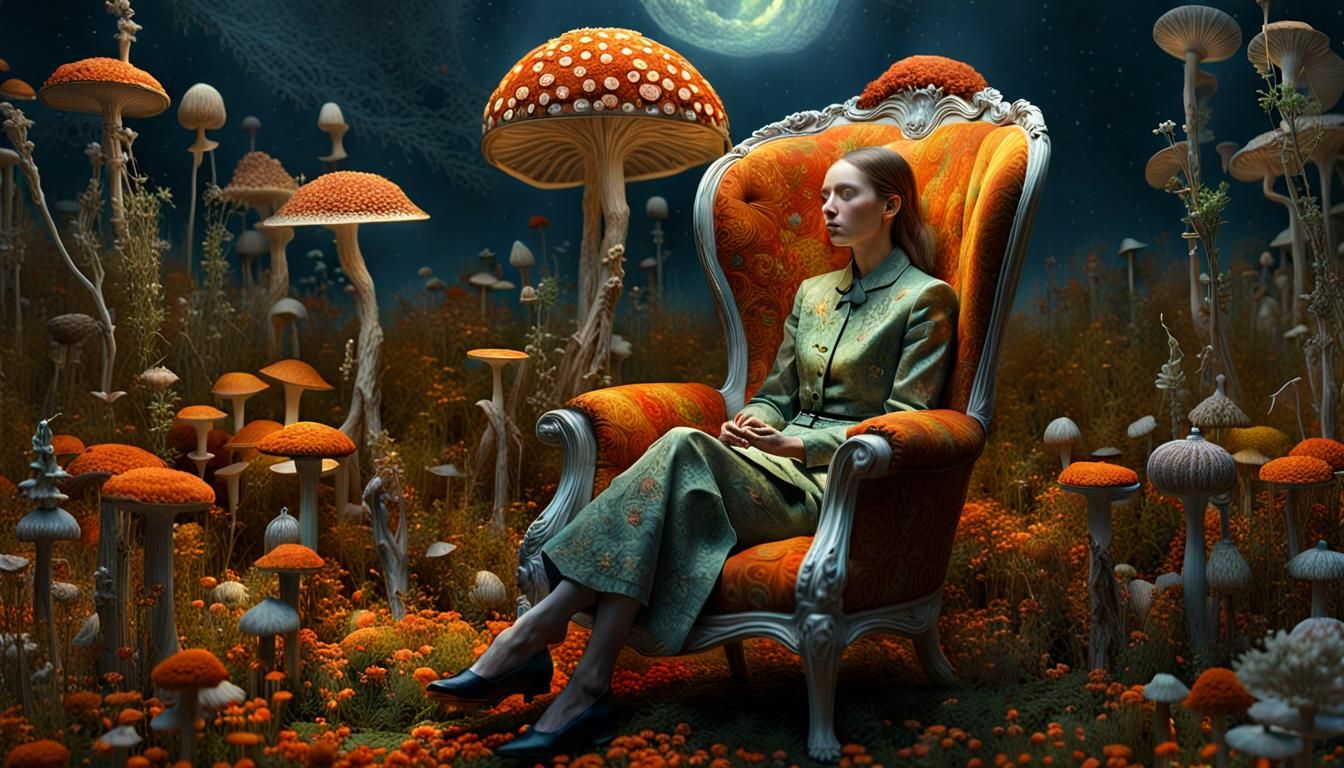 Celestial Fungi Hunter in Surreal Flower Chair