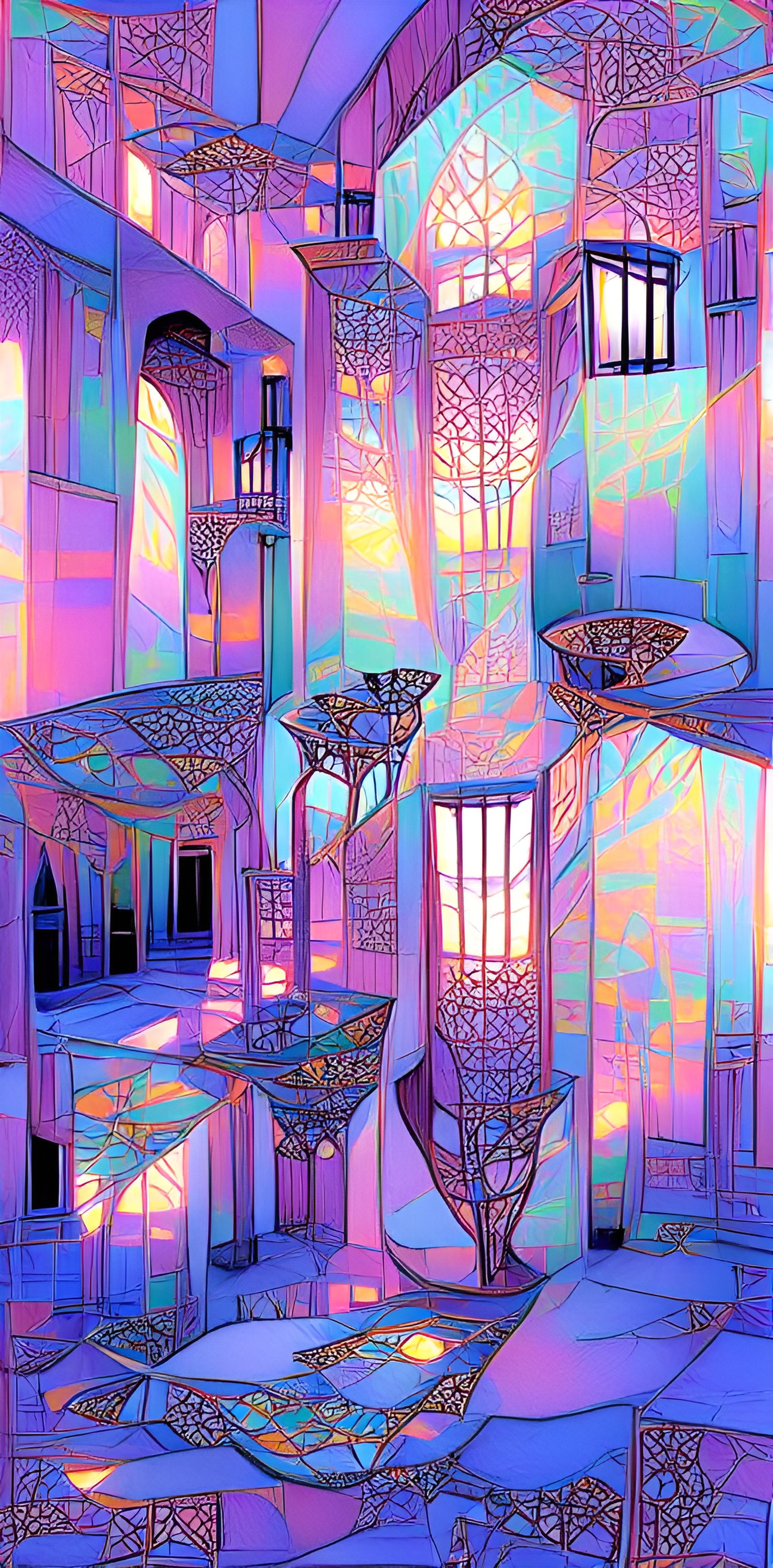 Vibrant Courtyard with Geometric Patterns in Art Nouveau Sty...